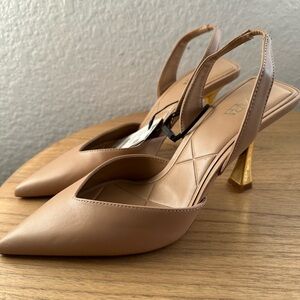 Zara Tan Pointed Slingback Heels with Gold Accent